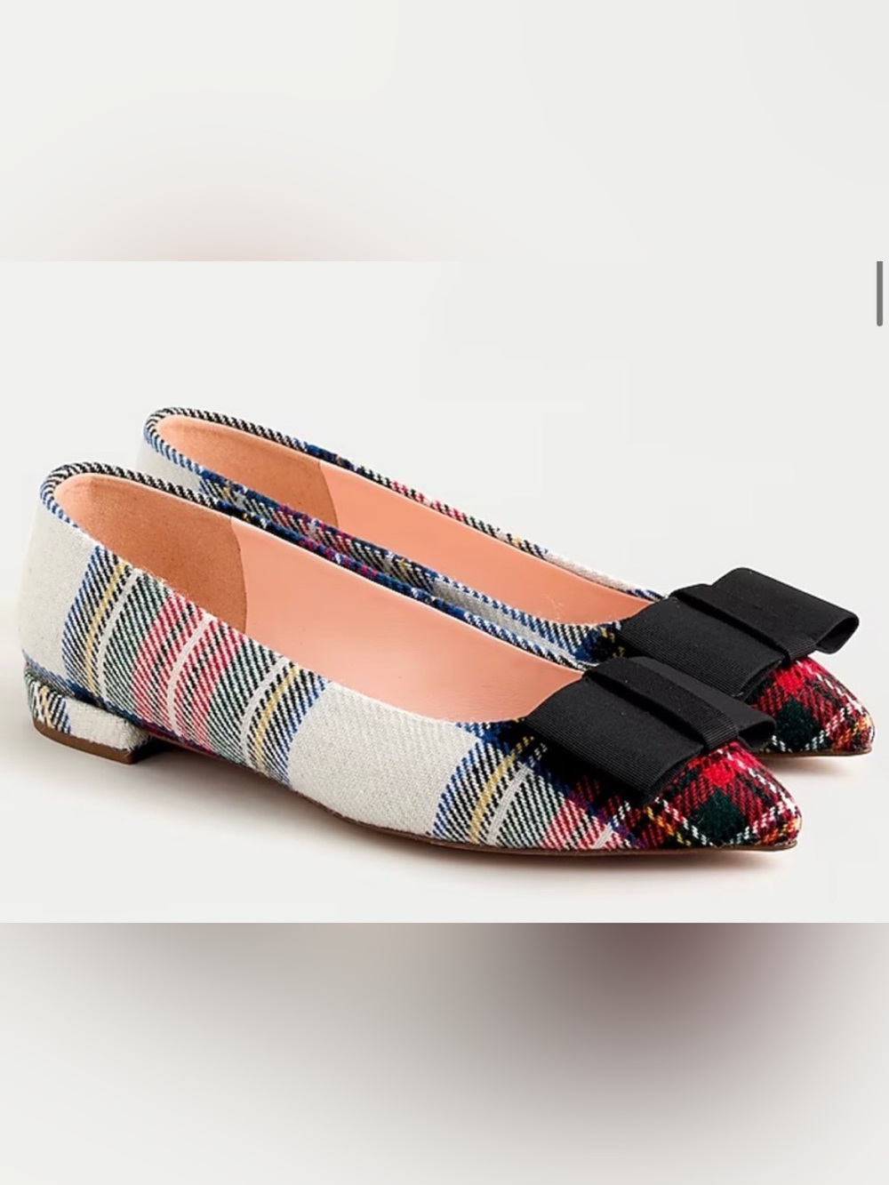 J. Crew Snowy Stewart Tartan Plaid Pointed-Toe Flats with Black Bow